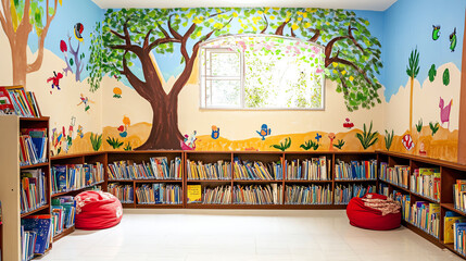 A vibrant children's library with colorful murals, bookshelves, and cozy seating, fostering creativity and learning.
