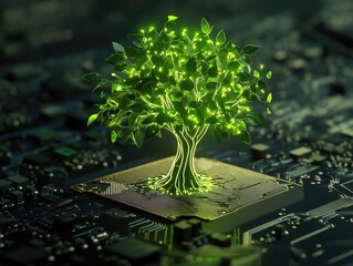 A glowing green tree appears to grow from a circuit board, symbolizing the fusion of nature and technology.