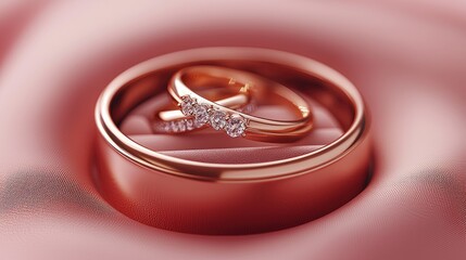 Elegant close-up of intertwined wedding rings on soft pink fabric, symbolizing love and commitment