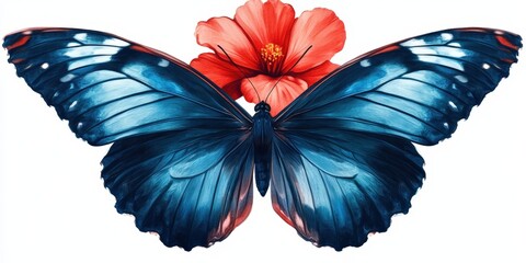 A vibrant blue and red butterfly spreads its wings beside a lush, central red hibiscus, its body gracefully tilted to the left