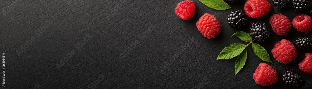 Poster flat lay composition featuring a vibrant display of fresh ripe raspberries and blackberries set agai