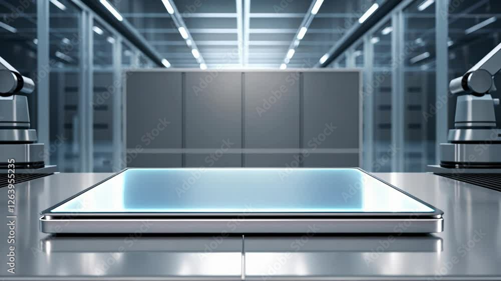Poster futuristic lab with robotic arms and display platform
