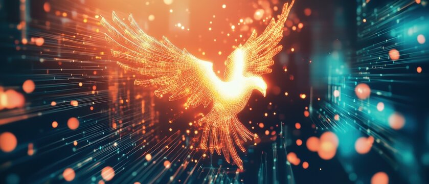 A glowing phoenix rises against a backdrop of digital patterns and vibrant lights, symbolizing rebirth and transformation.