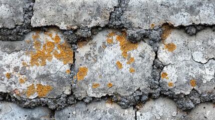 Close-up view of weathered concrete bricks with vibrant orange lichen growth and texture