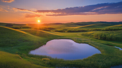 A Serene Landscape of Rolling Hills with Crystal Clear Lake over the Sunset