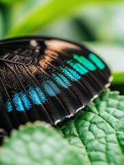 Blue Morpho Butterfly Wing Closeup, Green Leaf Background