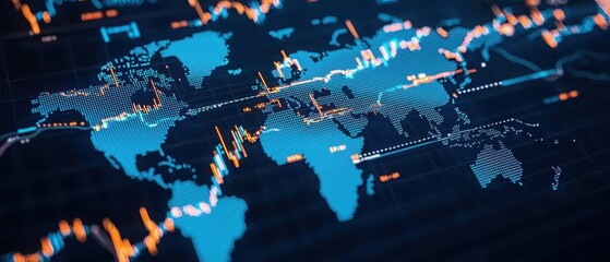 Fototapeta premium A futuristic digital world map with data visualization elements and glowing lines.