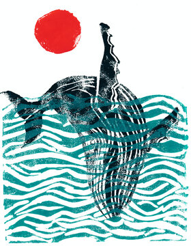Humpback whale block print linocut printing blue black red swimming whale breaching ocean sea abstract art