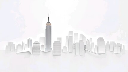 Design a stunning panoramic view of Manhattan's iconic skyline set against a crisp white background.
