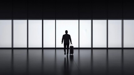Fototapeta premium Dramatic silhouette image of a rushing traveler in an airport terminal with blurred motion and glass windows creating a minimalist modern scene The person is in a hurry