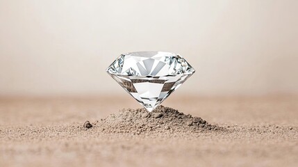 A sparkling diamond resting on a small mound of sand, showcasing its brilliance and clarity