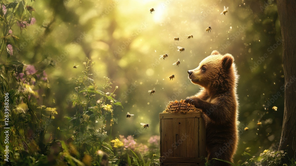 Poster young bear enjoys sweet honey surrounded by buzzing bees in a serene forest setting. generative ai