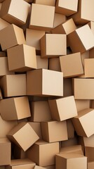 Cardboard boxes stacked high, warehouse background, logistics