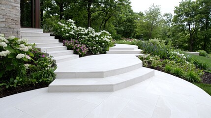Obraz premium Modern house steps and landscaping, with white stone steps and flowering plants. Potential use Interior/exterior design inspiration