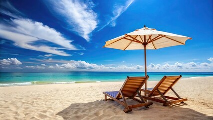 Fototapeta premium Deserted Beach Vacation: Sun Loungers, Umbrella, Paradise Getaway