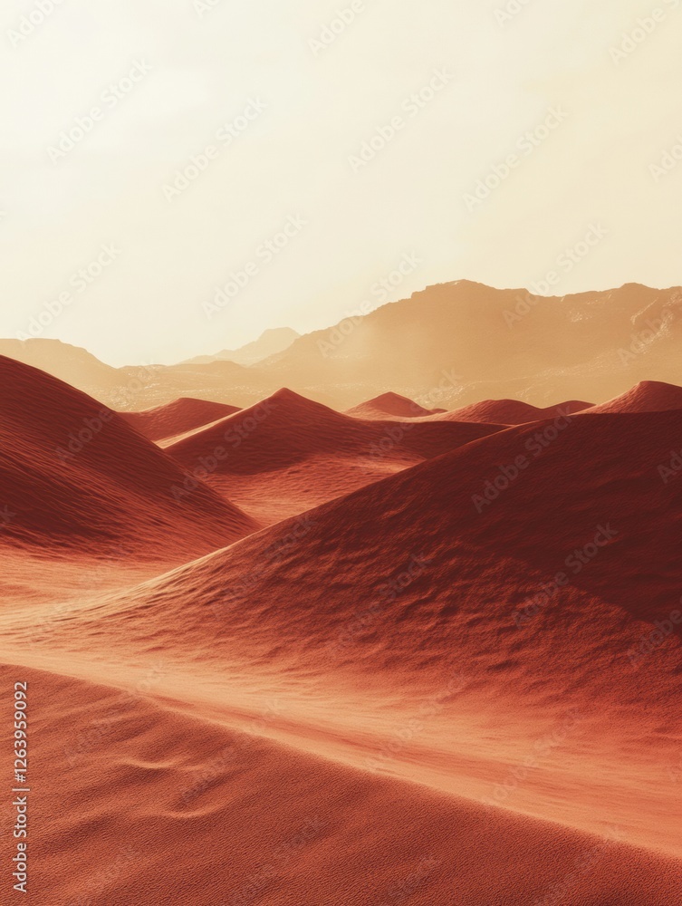 Poster desert landscape during golden hour with gentle sand dunes and distant mountains in warm tones. gene
