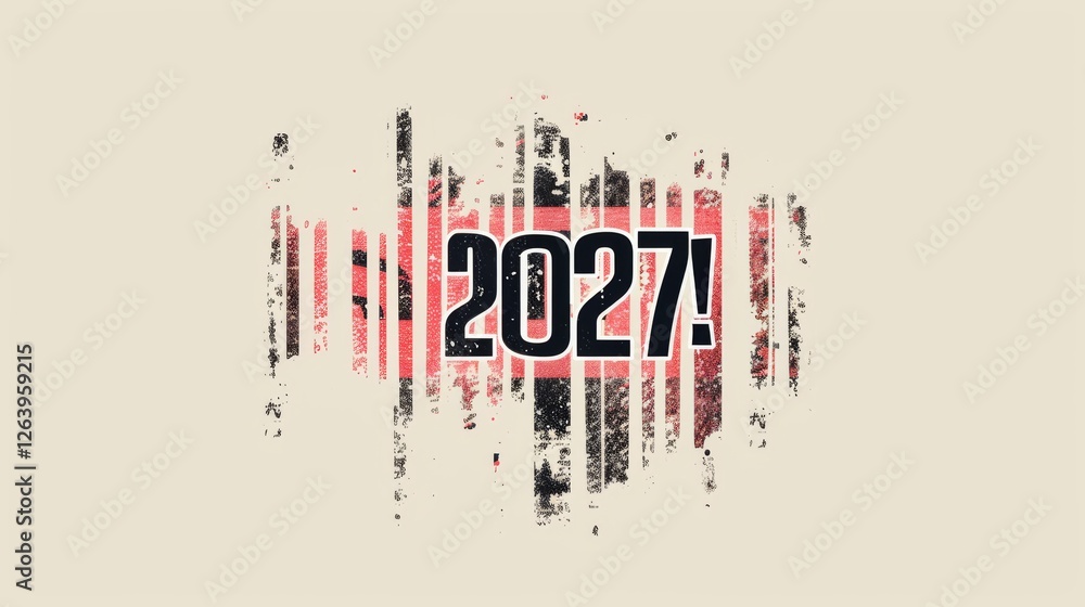 Poster a digital artwork featuring a barcode with a distressed, glitch effect. the bold text 2027! is embed
