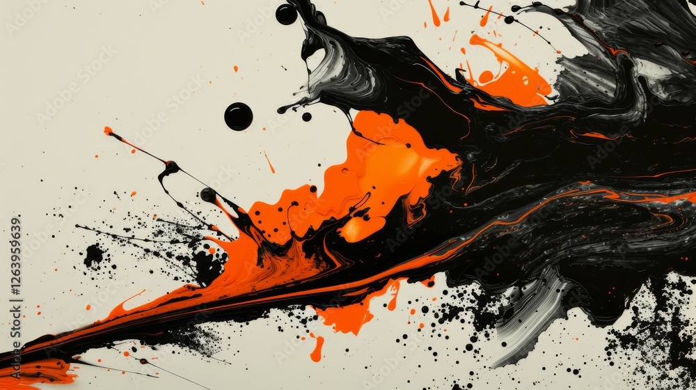 Aufkleber bold and dynamic streaks of orange and black paint intertwined with splashes on a light surface, cre