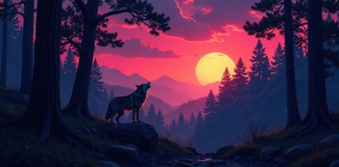 Forest landscape at dusk with a lone wolf howling in the distance, wild animal, landscape