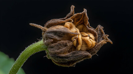 Dried flower bud close-up, dark background, seed detail, botanical study