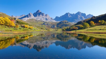 Autumnal mountain lake reflection, serene landscape, colorful trees, calm waters