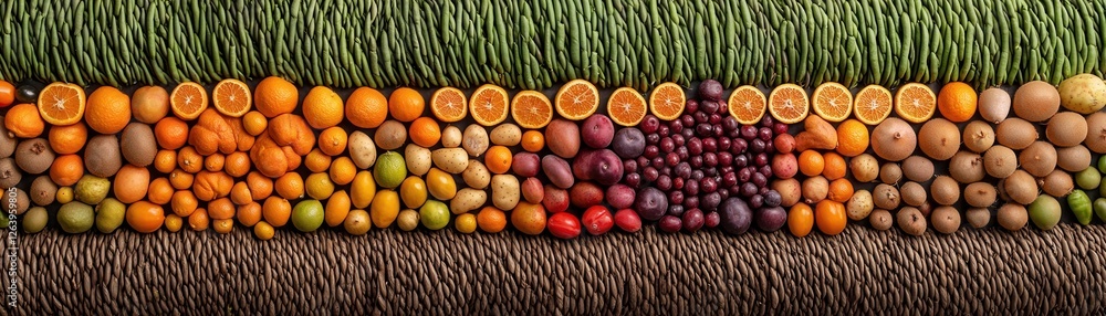 Poster flat lay composition showcasing an assortment of colorful fresh seasonal fruits and vegetables arran