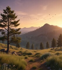 Obraz premium Forest landscape at sunset with trees and hills in the background, a few birds flying overhead, trees, birds, hills