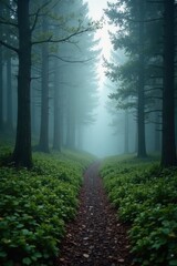 Naklejka premium Forest path winding through misty foggy landscape, wood grain, foggy day, misty morning