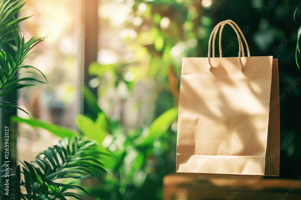 Aufkleber eco friendly paper bag with blank space for text surrounded by green plants in a bright environment.