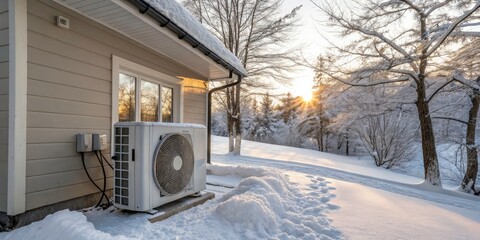 Fototapeta premium Efficient Winter Heating with Heat Pump Outside Snow-Covered House, Emphasizing Energy Solutions and Winter Comfort in Conceptual Photography