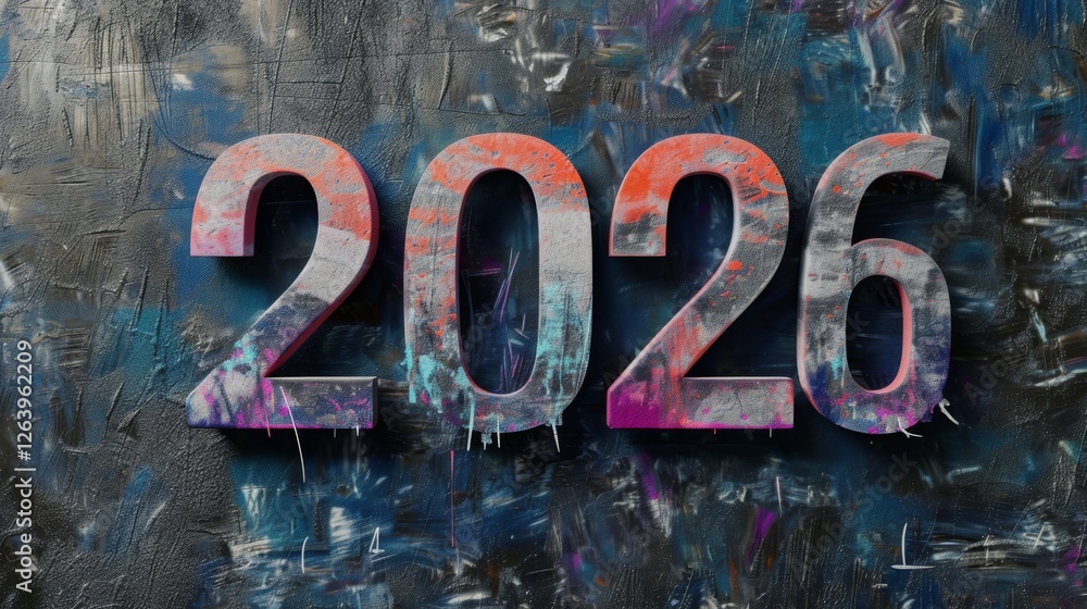 Poster vibrant 2026 displayed in a bold, artistic style on a textured background. features expressive strok
