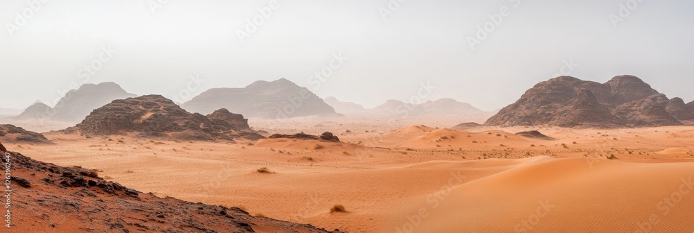 Aufkleber vast desert landscape featuring towering rock formations and rolling sand dunes under an overcast sk