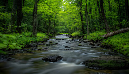 Obraz premium Serene stream flowing through lush green forest, long exposure showcasing smooth water and mossy rocks. Tranquil nature scene perfect for relaxation and calm.