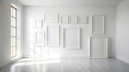 Fototapeta premium Empty Picture Frames Mockup, White Room, Landscape Photography, Blank Frames, Interior Design, Photo Frame Template, Wall Decor, Minimalist, Modern, Gallery Wall