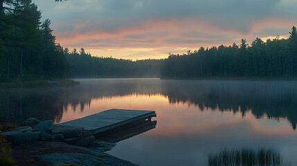 Serene sunrise over a calm lake, misty morning with a wooden dock extending into the tranquil water, surrounded by lush green forest.