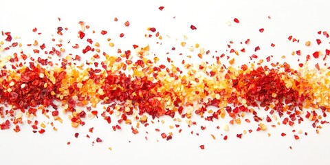 Fototapeta premium Vibrant array of dried red and yellow flowers artfully strewn on a pristine white canvas, showcasing hues from deep crimson to bright orange and sunny yellow