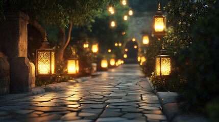 A serene pathway illuminated by lanterns, surrounded by lush greenery.