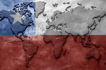 Naklejka premium Flag of chile on the ancient leather old world map . Adventure concept. Macro shot. Generative Ai