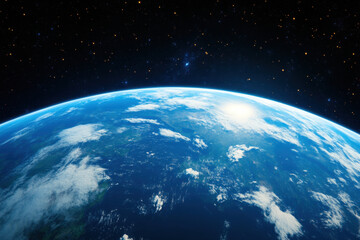 Obraz premium stunning view of Earth from space, showcasing vibrant blue oceans and white clouds against backdrop of stars. curvature of planet is highlighted by sunlight reflecting off surface