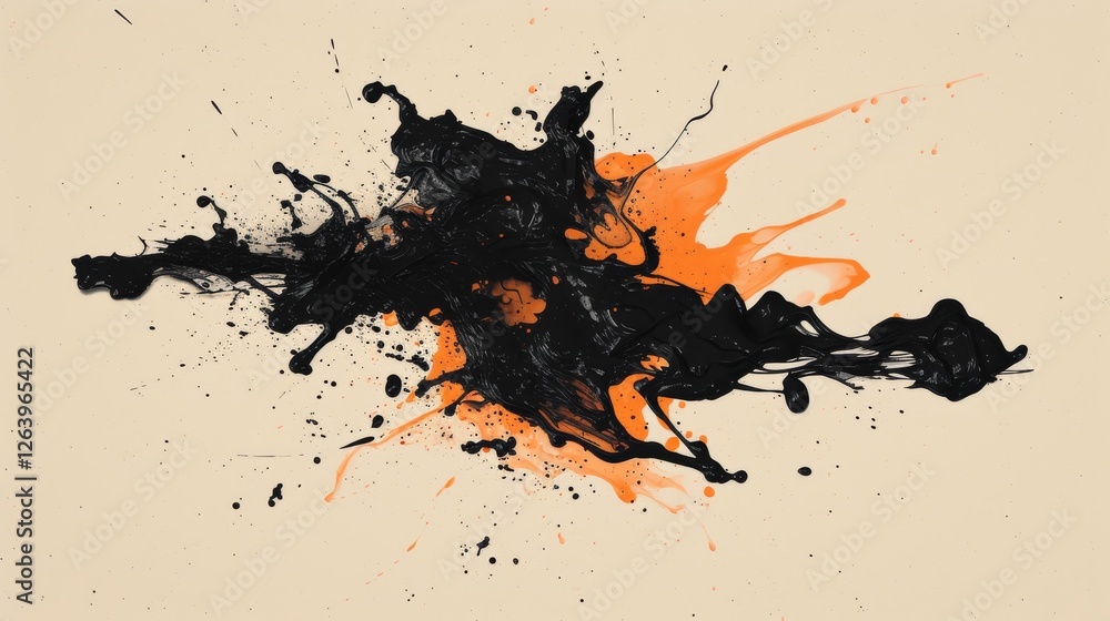 Poster dynamic abstract composition featuring bold black and orange paint splatter on a neutral beige surfa