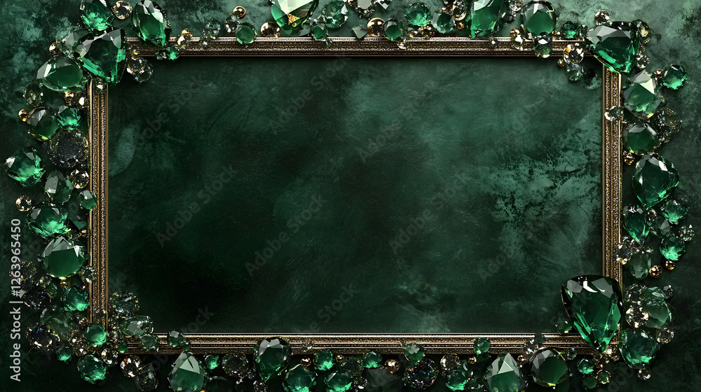 Poster rectangular frame bordered with sparkling emerald gemstones