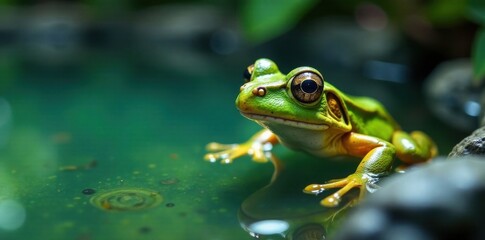 Naklejka premium Frog peeking out of a pool, lake, scenery, reflection