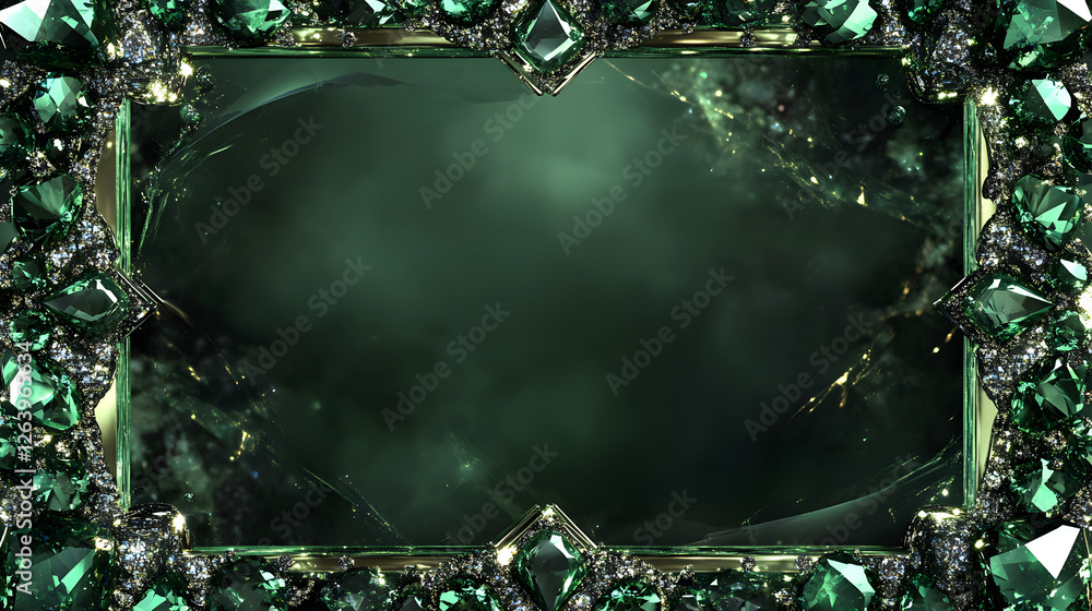 Poster rectangular frame bordered with sparkling emerald gemstones