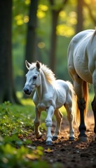 Unicorn foal playing with mane and tail of mare in forest, horse, unicorns, mane
