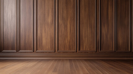 Naklejka premium Dark wooden panel wall with smooth floor, creating warm atmosphere. Ideal for interior design, photography, or as backdrop for various projects
