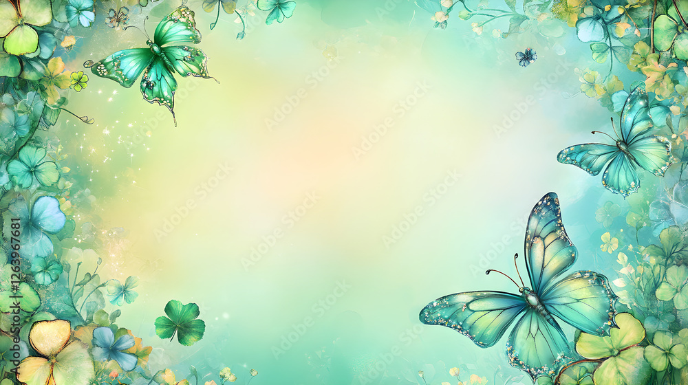 Poster rectangular frame bordered with whimsical fairy wings and clovers