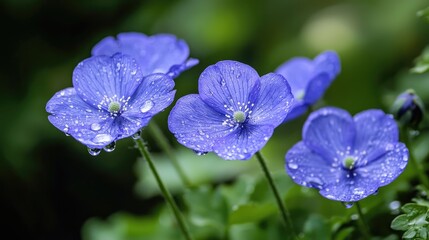 Obraz premium A close-up of vibrant blue flowers with droplets, surrounded by lush green foliage in a serene garden