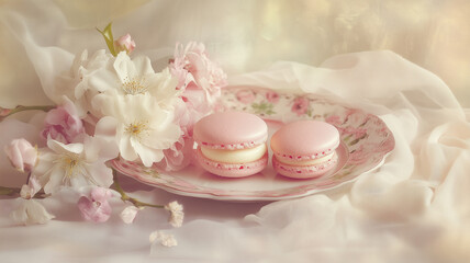 Fototapeta premium 春色マカロンと花々が彩るカフェのティータイム
