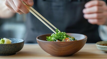Chef preparing sushi, kitchen, chopsticks,  food styling