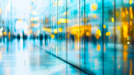 Abstract city scene blurred pedestrians reflected in modern glass building.  Vibrant teal and gold tones convey energy and movement.
